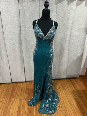 Teal Beaded V-Neck Evening Gown